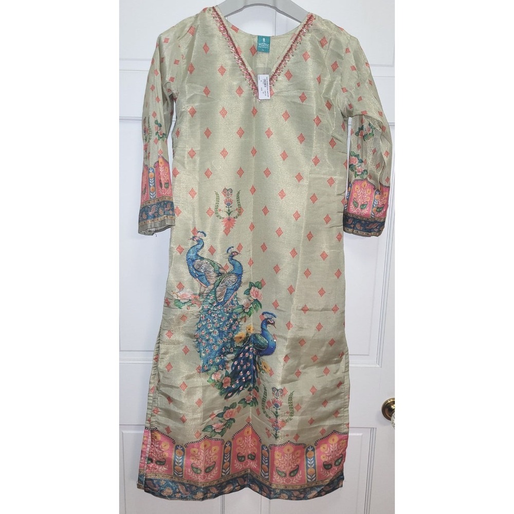 Viaana Designer 3pc Tissue Silk Kurta Set w/ Dupatta - Green w/ Peacocks - Large